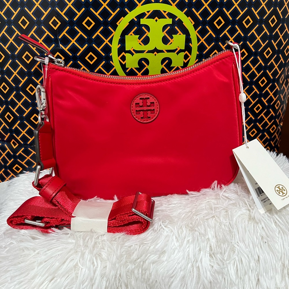 NWT Authentic Tory Burch Nylon Mini Hobo Bag  Brilliant Red